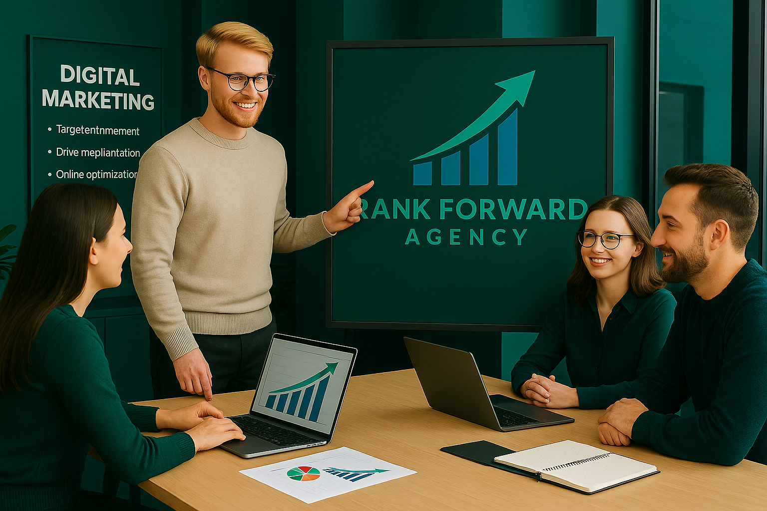 Fotografía profesional de un equipo de marketing digital trabajando en una presentación frente a una pizarra con el logo de Rank Forward Agency visible, simbolizando colaboración e innovación empresarial